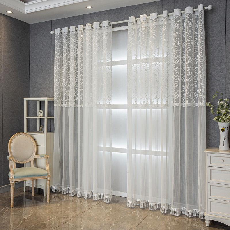 Cortina Voil Bordada Linda, Cortina Voil Fina Translúcida Branca Bordada com Flores Pequenas Simples em Estilo Europeu