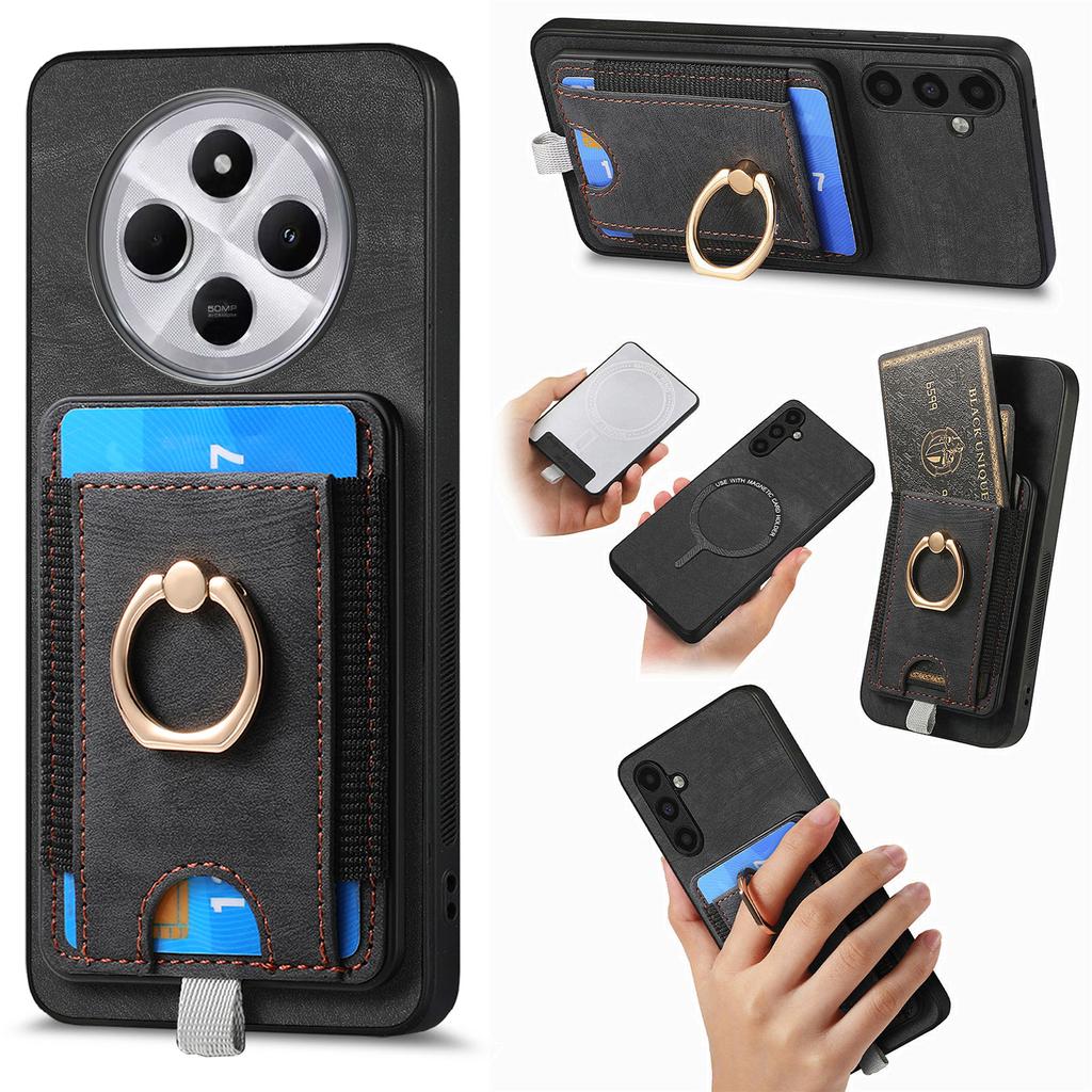 Magnetic Phone Case For Xiaomi Redmi 14C 4G/14R 5G/Poco C75 4G PU Leather Back Cover with Card Holder Ring Kickstand