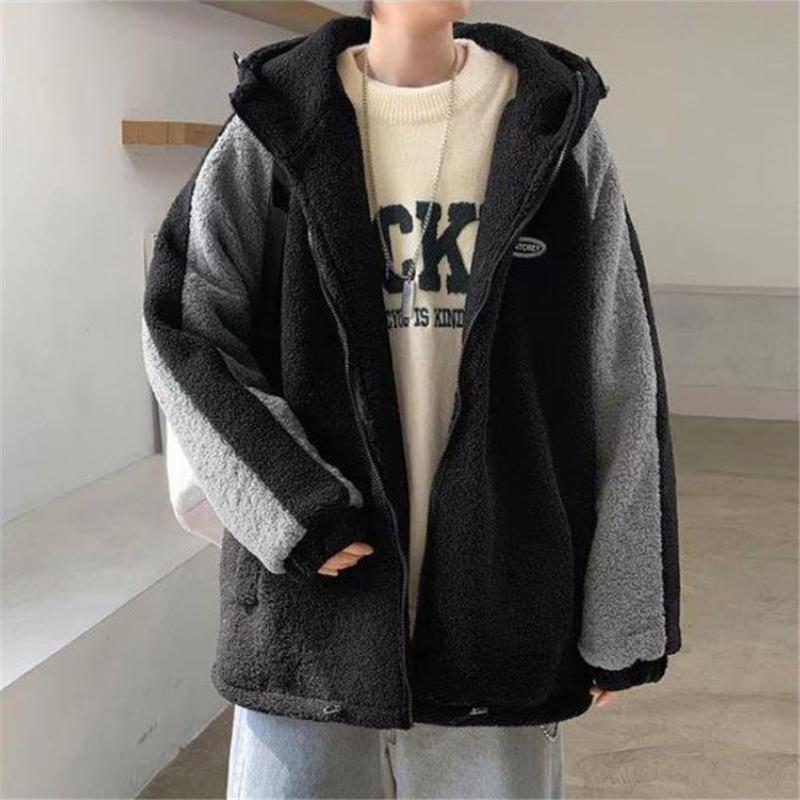 Men's Fall and Winter Thickened Plush Jacket Warm Hooded Top Soft Loose Jacket