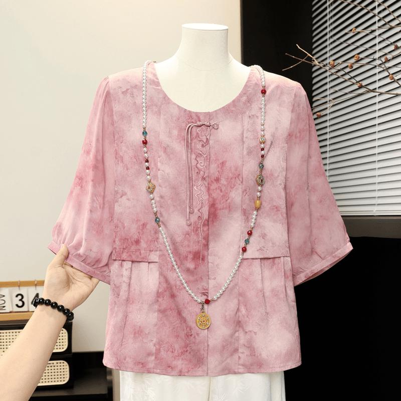 Yu Zhaolin Women s Ink Wash Print Summer T-Shirt with Pearl Drawstring 4XL