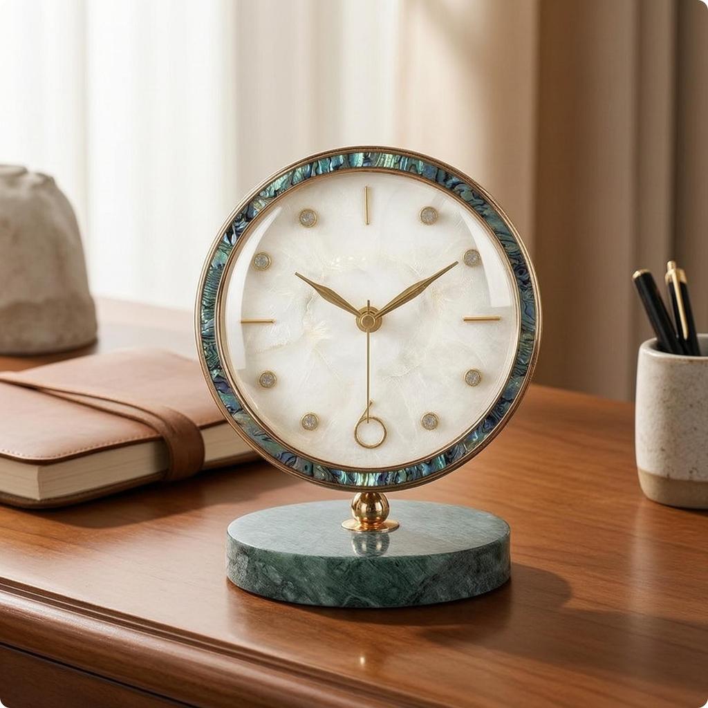Clock with Marble Base Golden-Hued Decorative Desktop Marbled for Bedroom