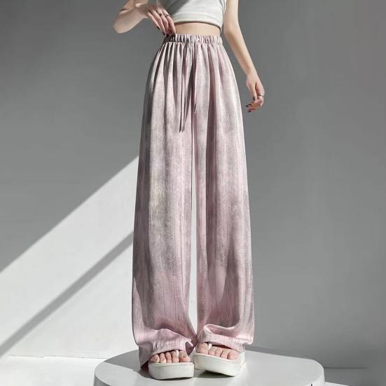 Women Pants Elastic High Waist Adjustable Drawstring Wide Leg Trousers Tie Dye Print Summer