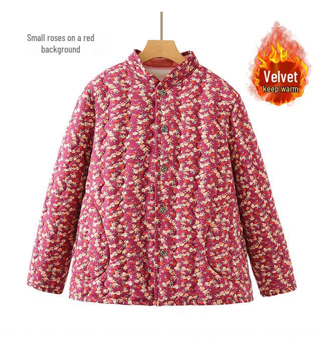 240 Jin Plus Size Velvet-Lined Cotton Jacket for Autumn/Winter - Stand Collar, Loose Fit for Middle-Aged & Elderly Women