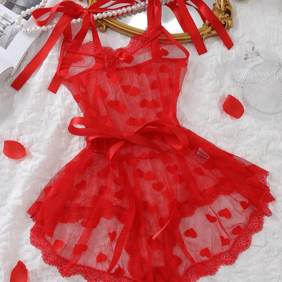 European & American Style Sexy Mesh Floral Heart Lace-Up Bodysuit Lingerie Set