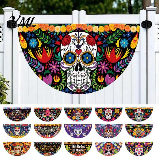 Durable Polyester Bunting Day of The Dead Skull Banner, Marigold Print Fiesta Decorative Wall Hanging Flag, Colorful Sugar Outdoor Yard Party