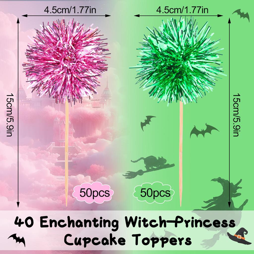 100Pcs Witch Themed Foil Firework Cupcake Toppers Wicked Cupcake Toppers Pink & Green Sparkle Tinsel Cake Toppers Cake Decoratio