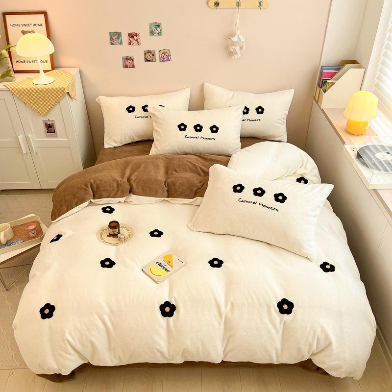 Cartoon Milk Velvet Four Piece Patch Embroidered Coral Velvet Quilt Cover Flannel Sheet Quilt Cover