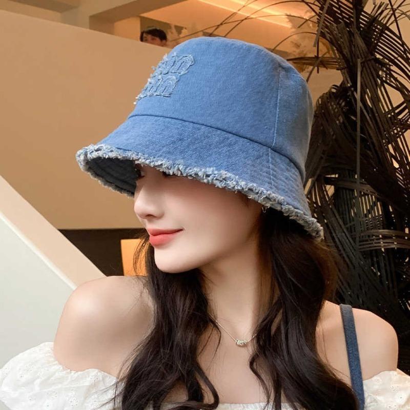 New letter rough edge fisherman hat children big head circumference showing face small bucket hat versatile retro denim basin hat