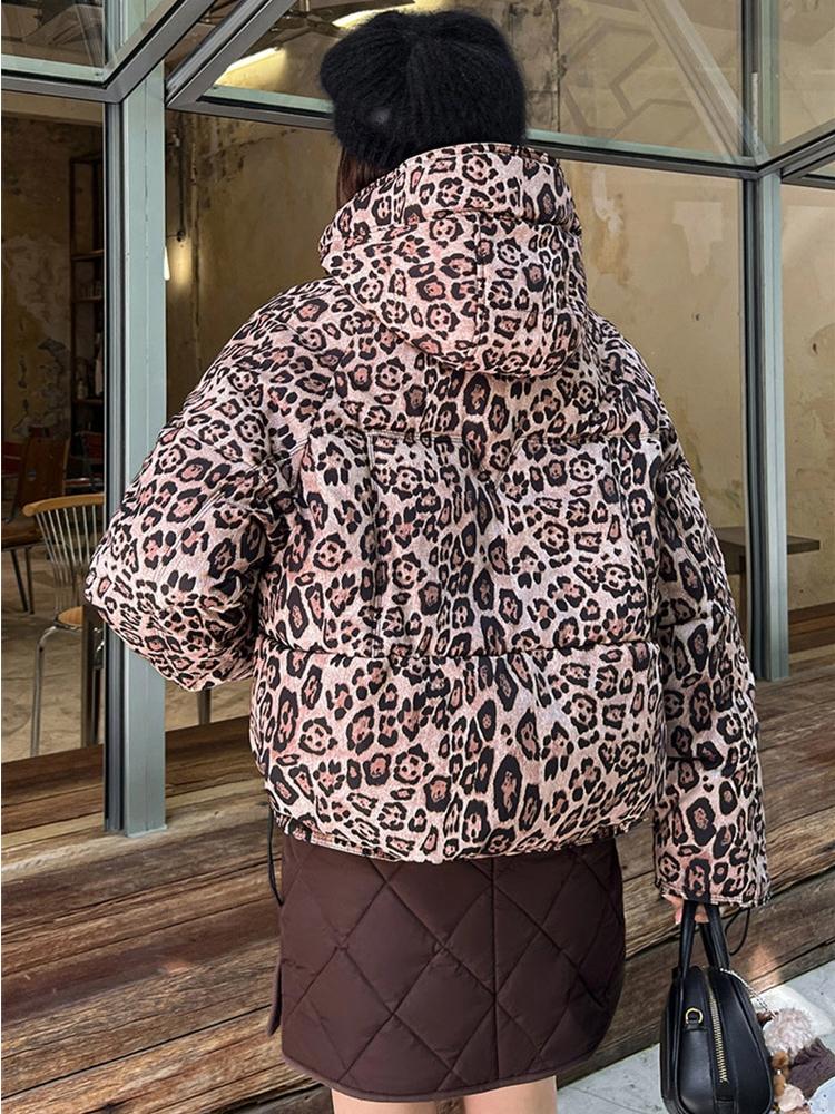 Women's Thickened Short Detachable Hood Leopard Print Jacket