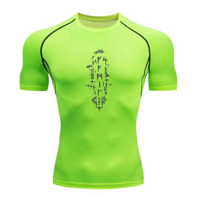 Men's Compression Athletic T-Shirt, Quick Dry Runes Print Breathable Stretchy Workout Top for Gym Jogging Training Casual Sportswear