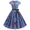 Vintage Supply V-neck Cover Sleeve Full Body Print Big Swing Skirt with Black Ribbon