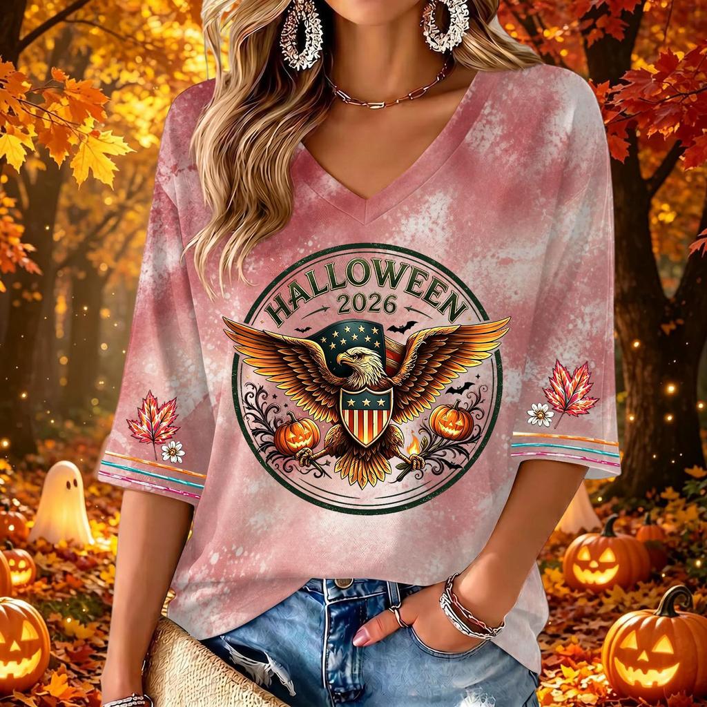Women's Casual V-Neck Three-Quarter Sleeve Halloween Print Top