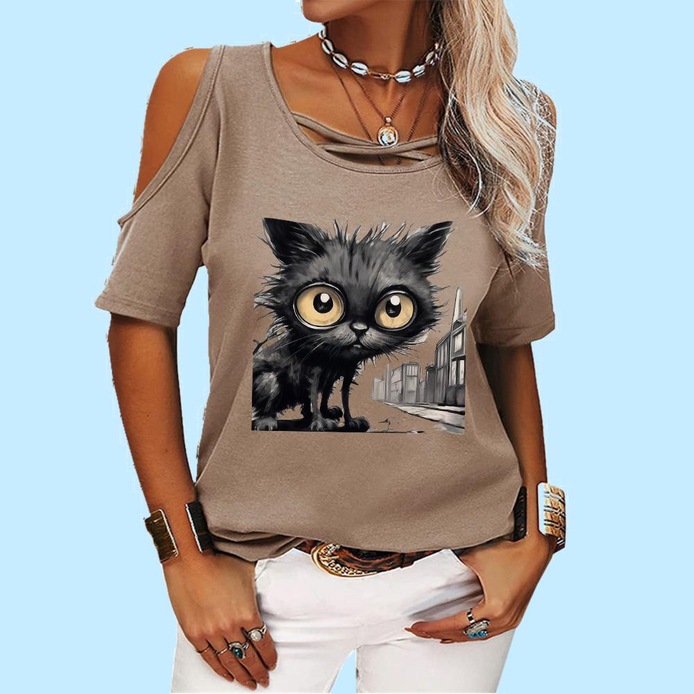 Tricou la modă pentru femei, cu umăr dezactivat, pentru femei, ocazional, cu guler rotund, tricou cu mânecă scurtă cu imprimeu de vară