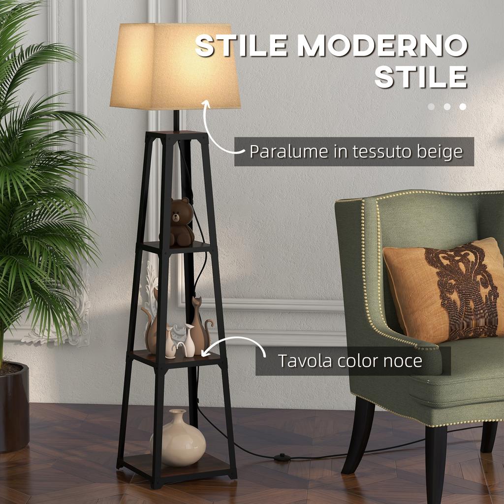 Floor Lamp In Metal and MDF with 3 Shelves with Fabric Shade, Diameter 42x166 Cm, Black and Beige