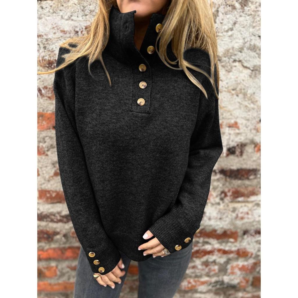 New Women's Autumn Winter Solid Color Casual Turtleneck Loose Knitted Button Pullover Sweater