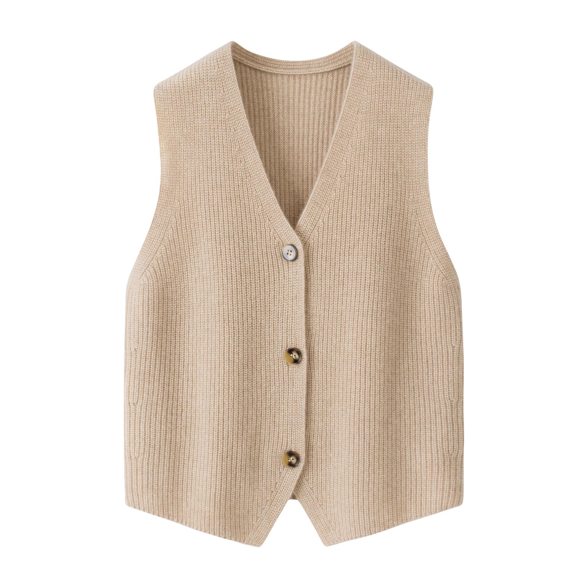 

Женский кардиган-жилет из чистого кашемира с V-образным вырезом и чулочной вязкой - Утепленный, однобортный вязаный верх M верблюд