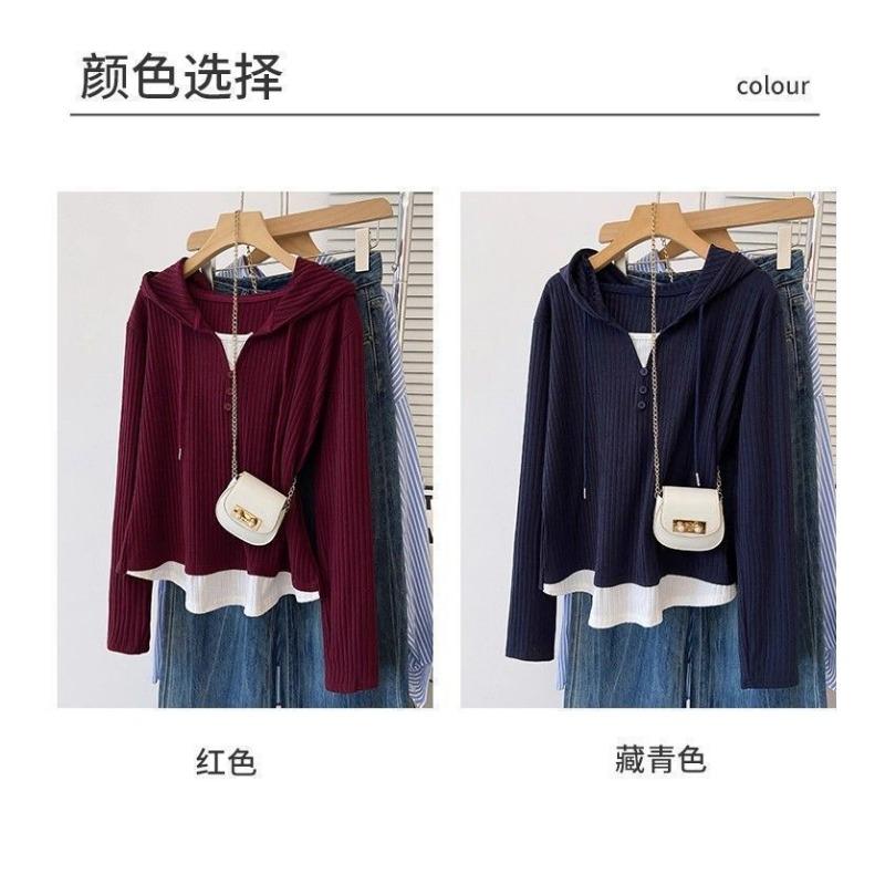 Women S Plus Size Hooded Long Sleeve Fake Two Piece T Shirt Loose Casual Top