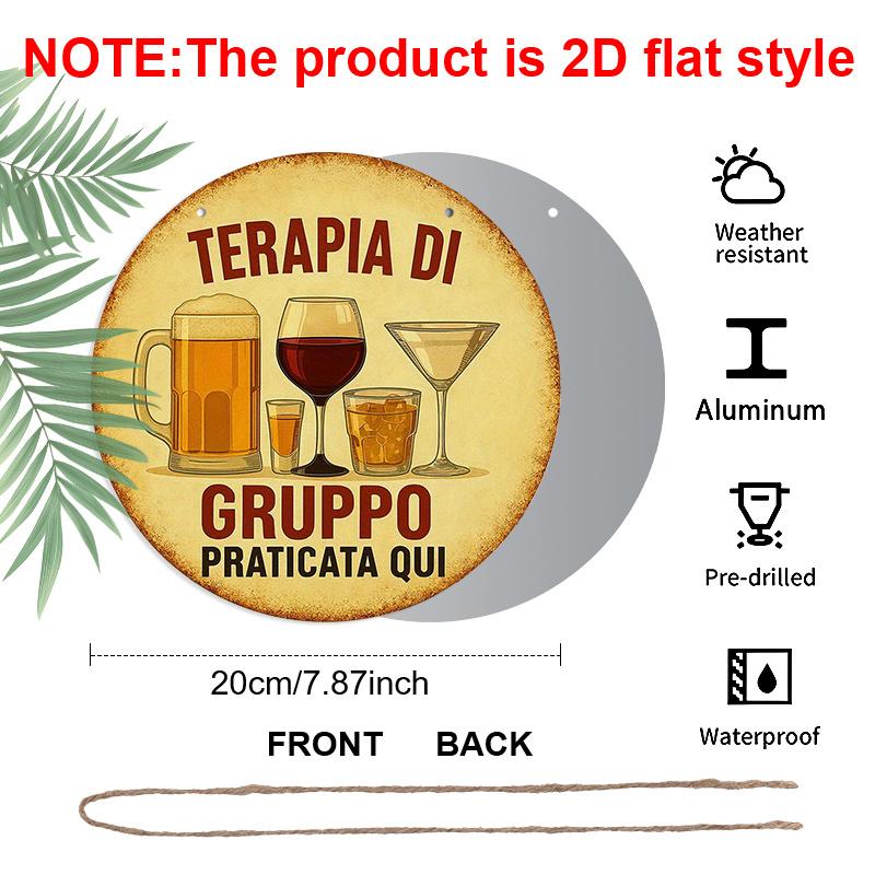 2D Flat, 1pc 7.87inchs Round Aluminum Sign, "Group Therapy Practiced Here" Funny Bar Quote, Vintage Beer & Wine Glass Metal Wall Art, Retro Aesthetic