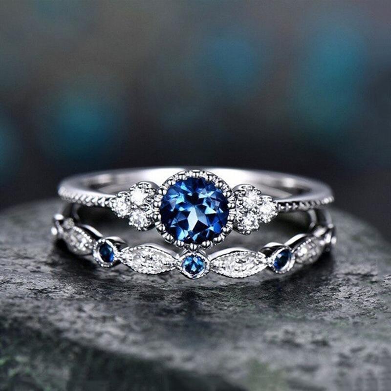 Retro Simple Emerald Sapphire Ring Set Women's Fashion Jewelry Zircon Ring
