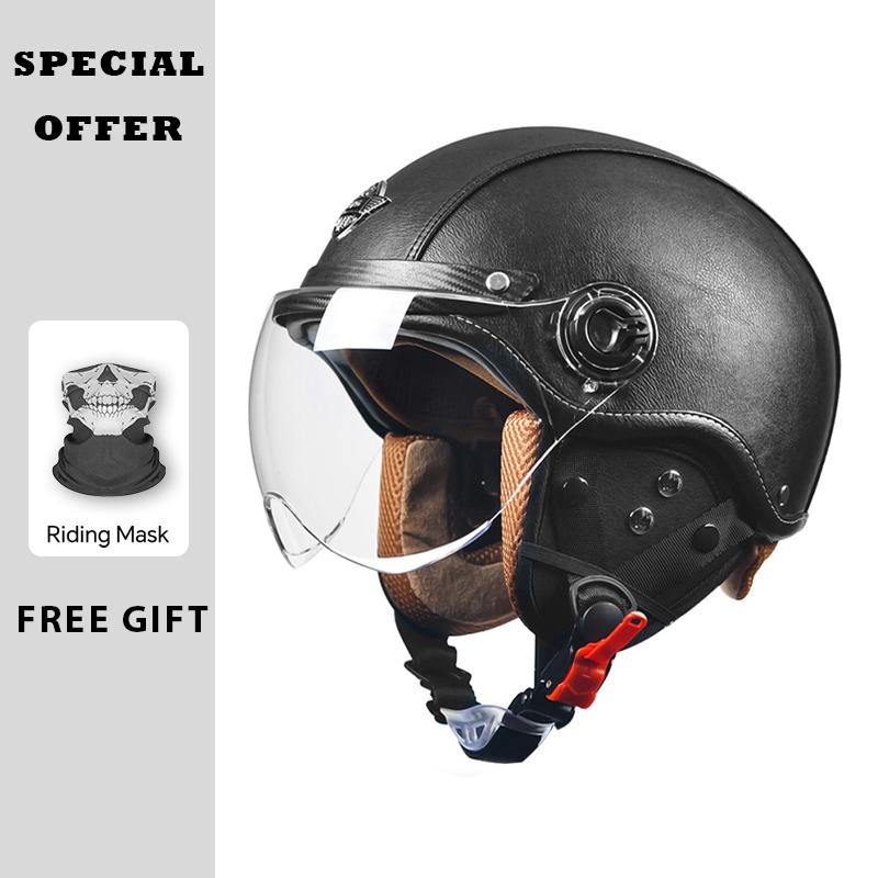 Vintage Motorcycle Helmet ECE DOT Approved Men Women Leather Jet Helmet Open Half Dirt Bike Helmet Electric Riding Cascos
