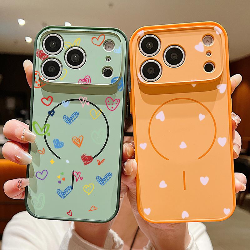 Cute Cartoon Love Hearts Case For iPhone 17 Pro Max Funda iPhone 16 15 14 13 Pro Max Magnetic For Magsafe Hybrid Slim Matte Cover