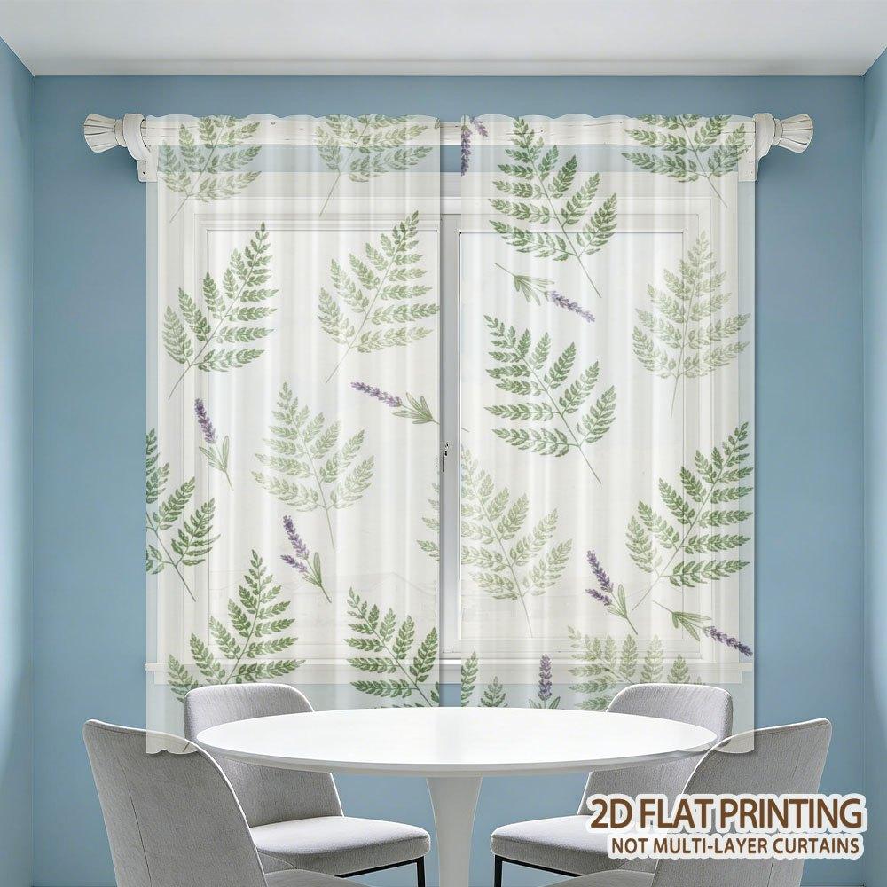 2PCS Digital Printed Sheer Curtain, Fresh Fern Fragrance Theme, Botanical Woodland Green for Living Room Bedroom Home Decor