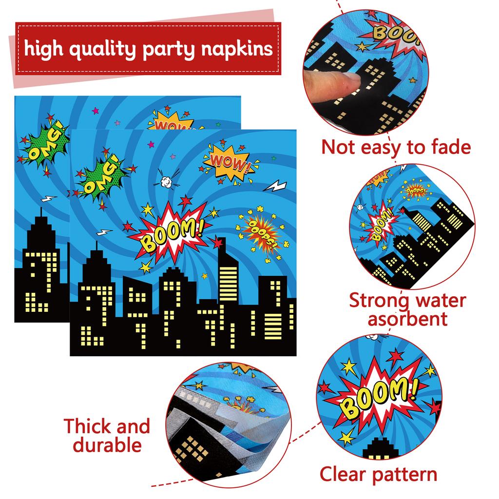 120 Pcs Super Theme Party Plates Cups And Napkins Forks For Comic Heroes Birthday Decorations 'S Action Sign Cityscape
