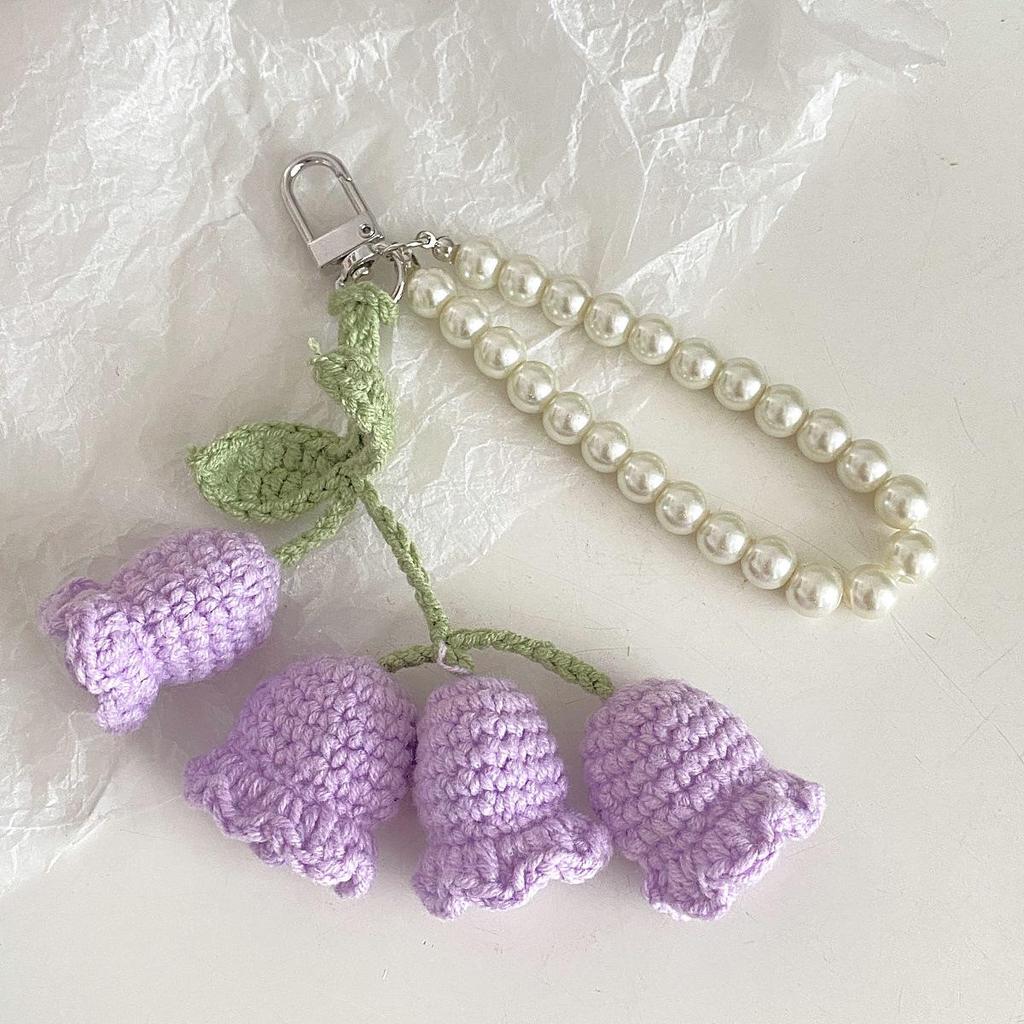 Korean Style Cute Girl Pearl Chain Lily of the Valley Crochet Knit Keychain with Decorative Buckle