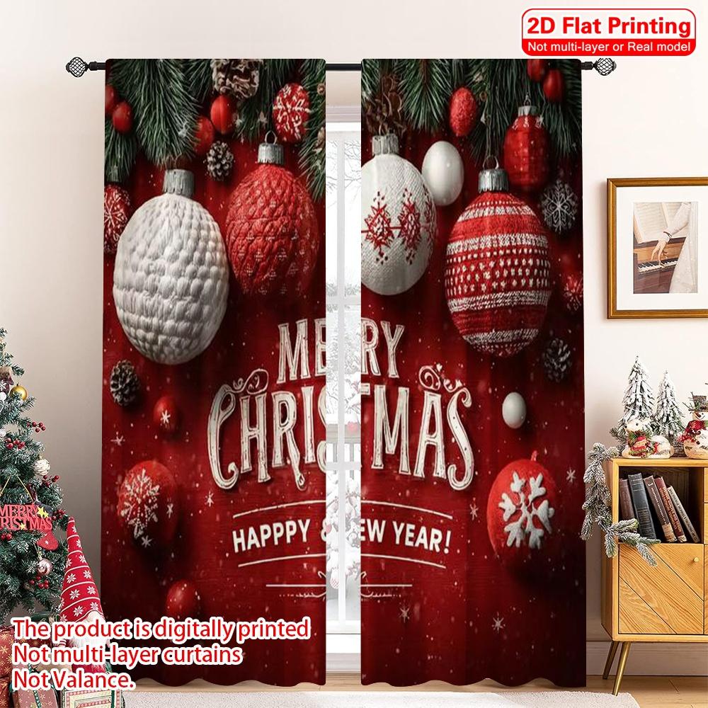 

Flat Printing Merry Christmas Scene Curtains Versatile Polyester Without Electricity Festive Wall Decor Curtain Set Of 2 Made Washable W100*H70(CM)-Grommet top&2PCS