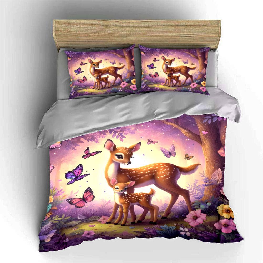 Elegant Forest Deer Trio Set  Exquisite three-piece bedding set gift for kids and adults 135x200cm