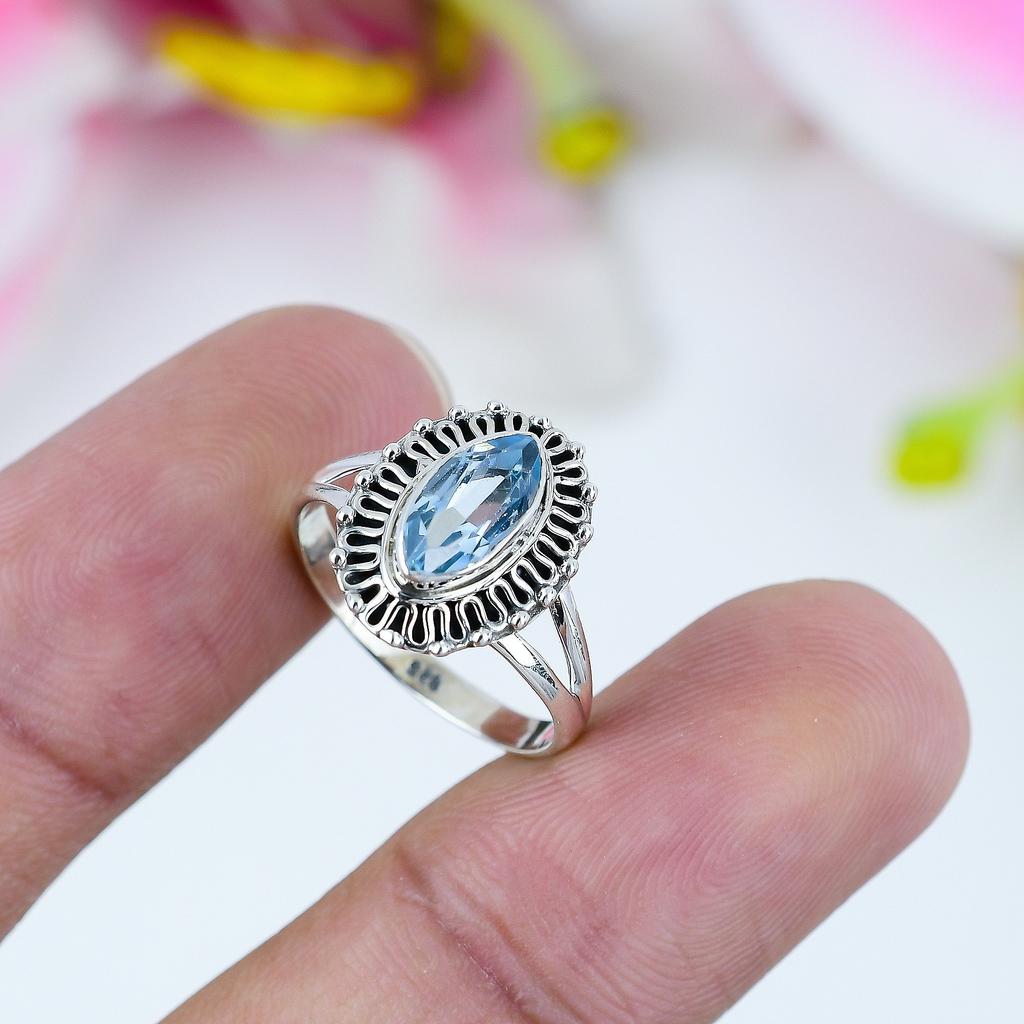 Natural Blue Topaz Gemstone 925 Solid Sterling Silver Jewelry Ring Size 9 c2m78