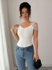 2025 Fashionable Women's Slim Fit Lace Patchwork Square Neck Short Sleeve Top