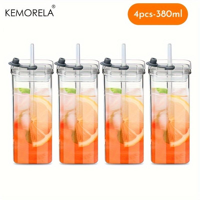 KEMORELA 4/6 ks Přenosné kelímky na pití 380 ml/500 ml Žáruvzdorné sklo s víčkem a brčkem - Odolné pro horké nebo studené nápoje