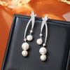 Elegant Long Drop Earrings With Micro-Paved Pearls Gold Plated Sterling Hypoallergenic Lightweight Fashion Jewelry