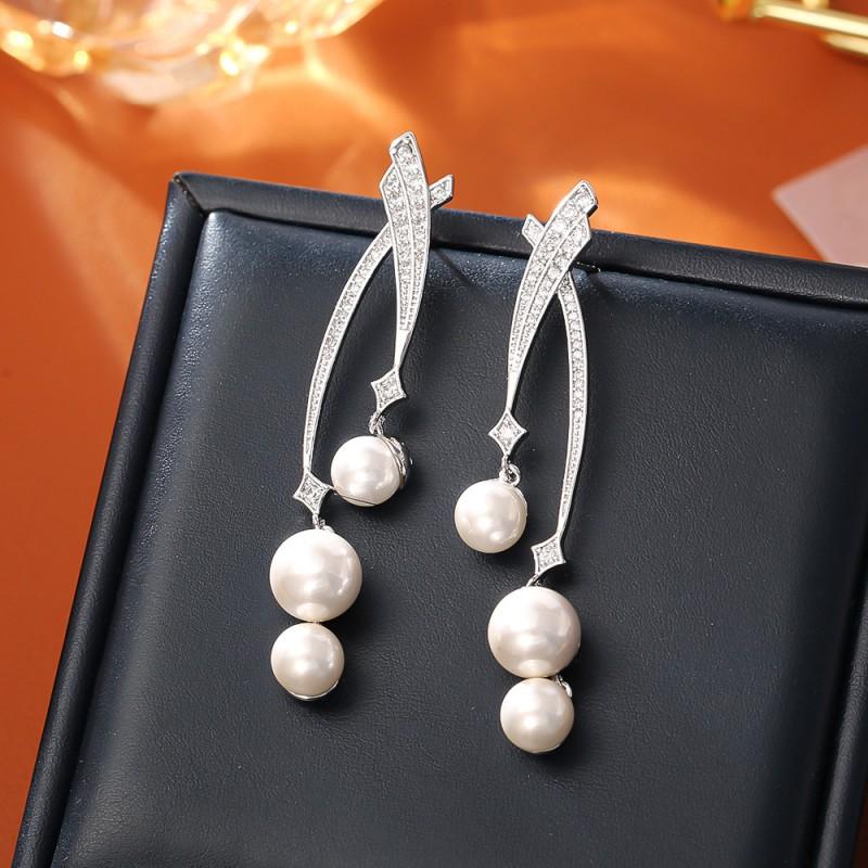 Elegant Long Drop Earrings With Micro-Paved Pearls Gold Plated Sterling Hypoallergenic Lightweight Fashion Jewelry