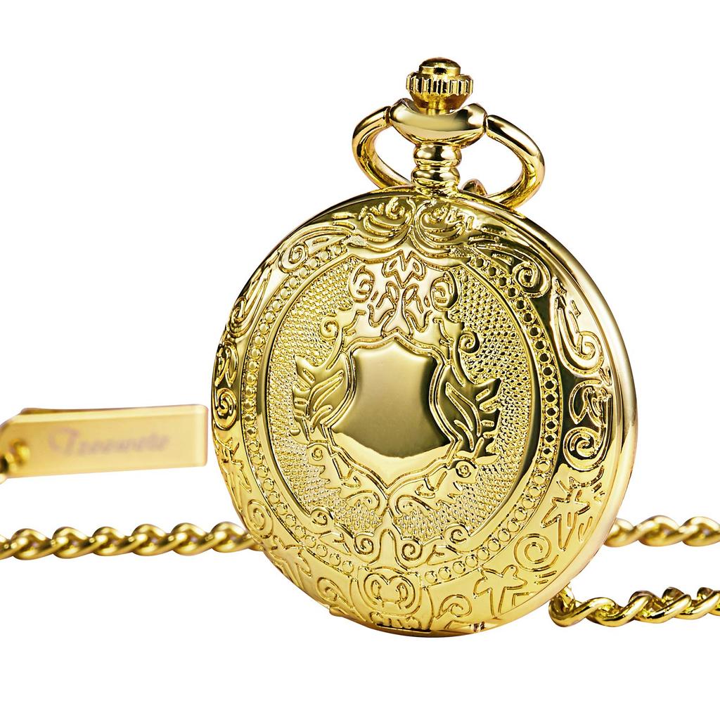 TREEWETO Mechanical Hand-Wind Pocket Watch Roman Numerals Skeleton Gold with Chain