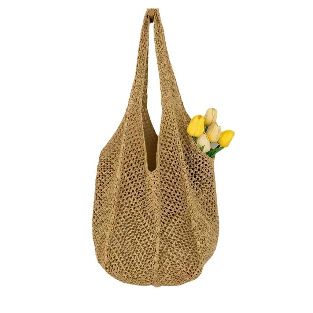 Large Capacity Ladies Vacation Beach Bucket Tote Hollow Design Travel Female Handbags Casual Simple Women Knit Shoulder Bags