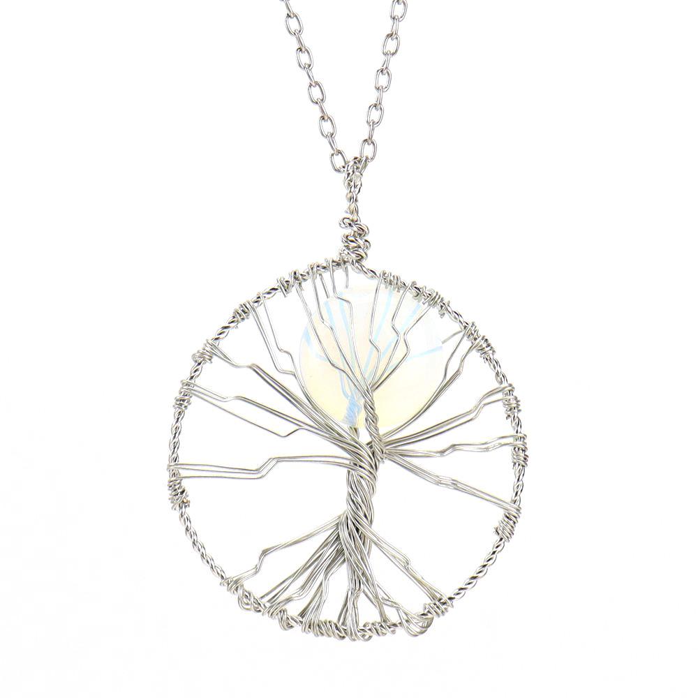 Hand-Wrapped Natural Crystal Agate Disc Tree Of Life Pendant Necklace N116
