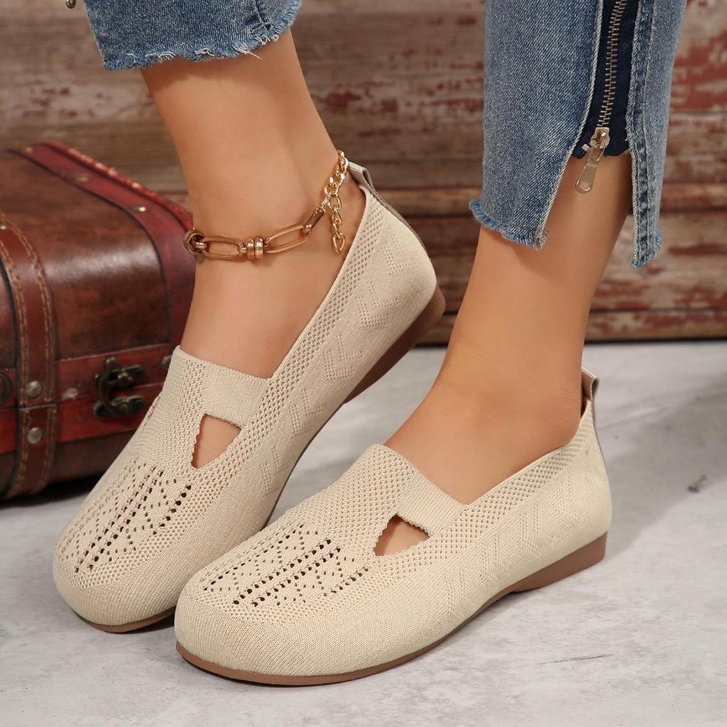 Women Stylish Soft Knitted Flat Shoes Round Toe Hollow Out Design Breathable Lightweight Comfortable Slip on Walking Shoes