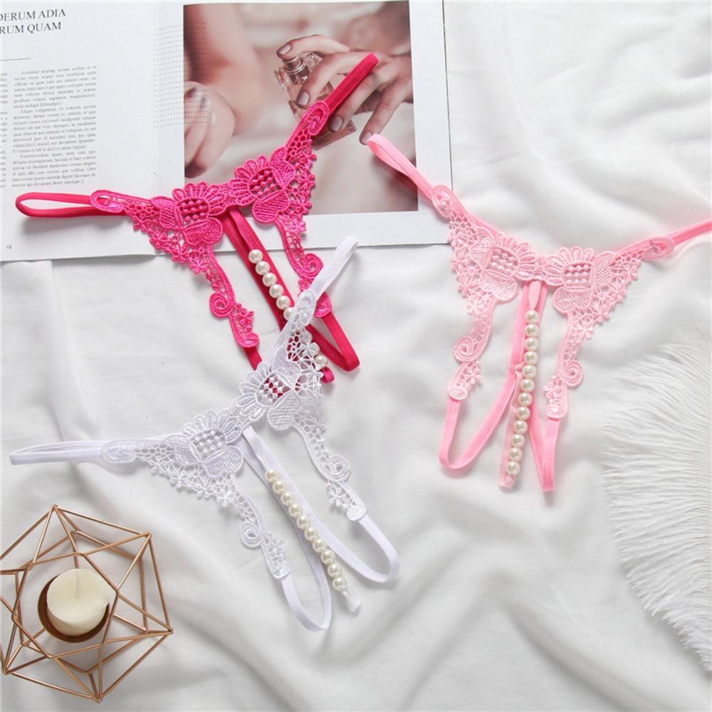 Sexy Fashion Embroidered Panties, Women's Transparent Seduction Hollow Pearl Massage Open-file Thong Low-rise T-pants