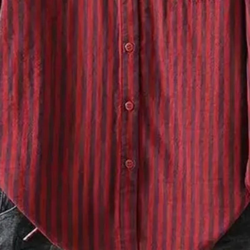 Womens Casual Red Stripe Linen Blend Button Down Shirt Summer Top