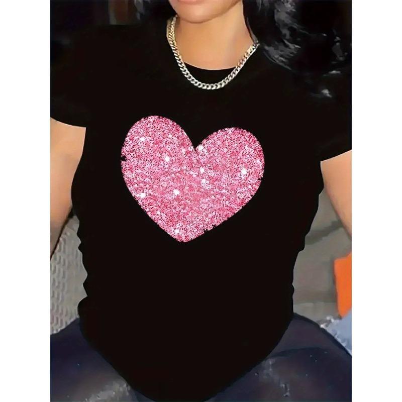T-shirt en Polyester Imprimé Cœur à Paillettes Taille Européenne - Tissu Doux Respirant Haut Décontracté à Col Rond Convient pour l'Intérieur/l'Extérieur