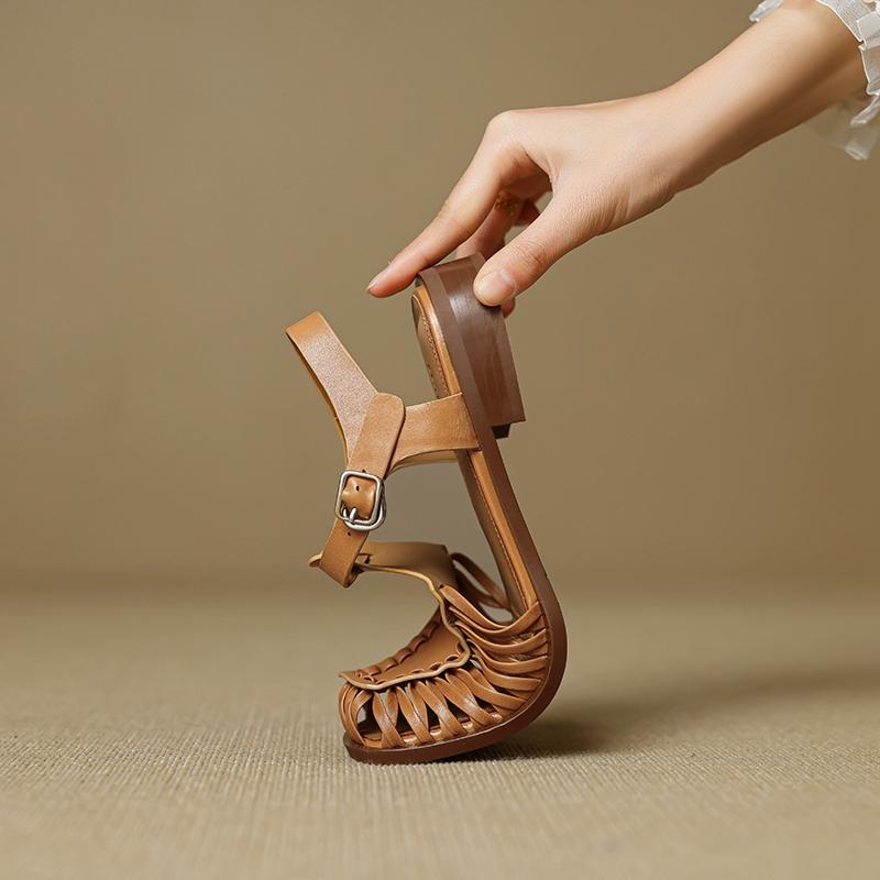 Fashion Women's new summer square head genuine leather cowhide low heel retro elastic buckle comfortable breathable hooded Roman sandals