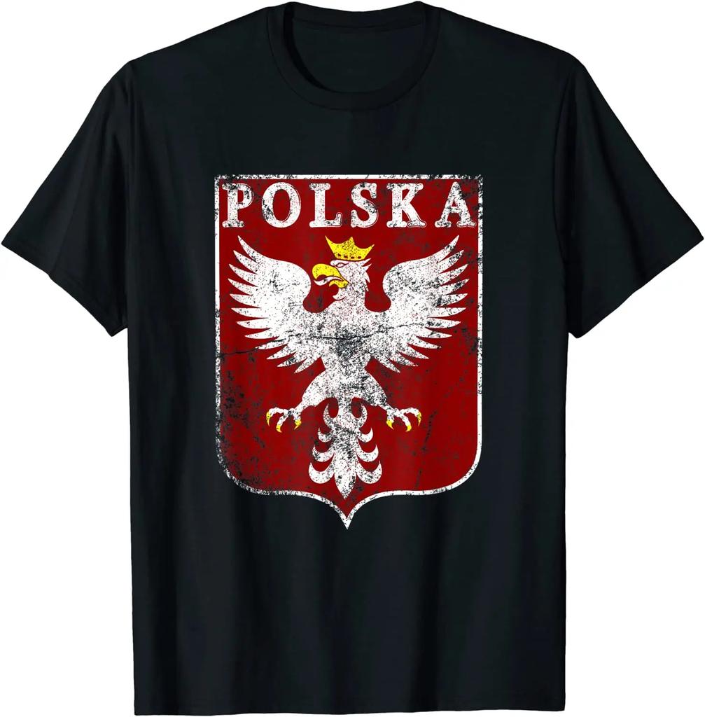 Vintage Polnischer Adler Wappen Polska Polen T-Shirt 100% Baumwolle Rundhals Sommer Kurzarm Lässig Unisex T-Shirt Größe S3XL