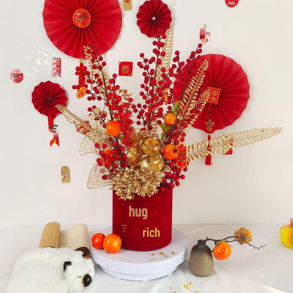 Fortune Bucket New Year Decoration Set - Festive Ornaments for Bedroom and Living Room with Flowers and Fu Character.