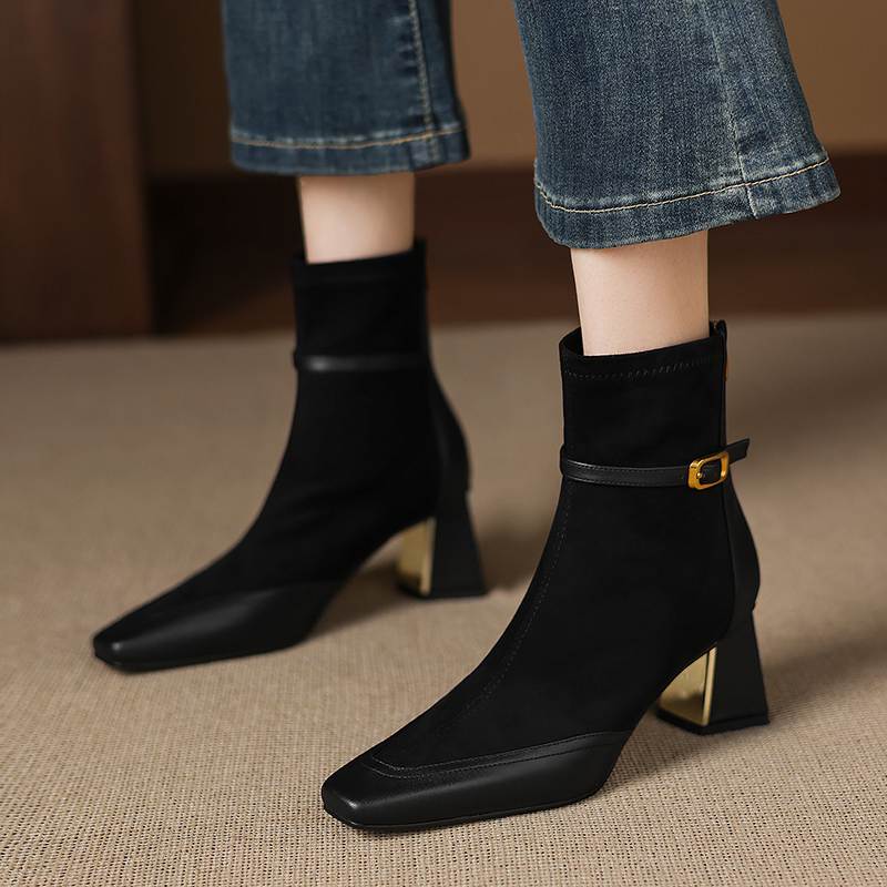 Krazing Pot Flock Cow Skin Square Toe Thick Heels Chelsea Boots Size 42 Beauty Lady Women Modern Fashion Girl Ankle Boots