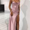 Women Satin One Shoulder Cowl Neck Maxi Dress Ruched High Slit Bodycon Slim Fit Elegant Evening Prom Party Formal Gown Multi Color