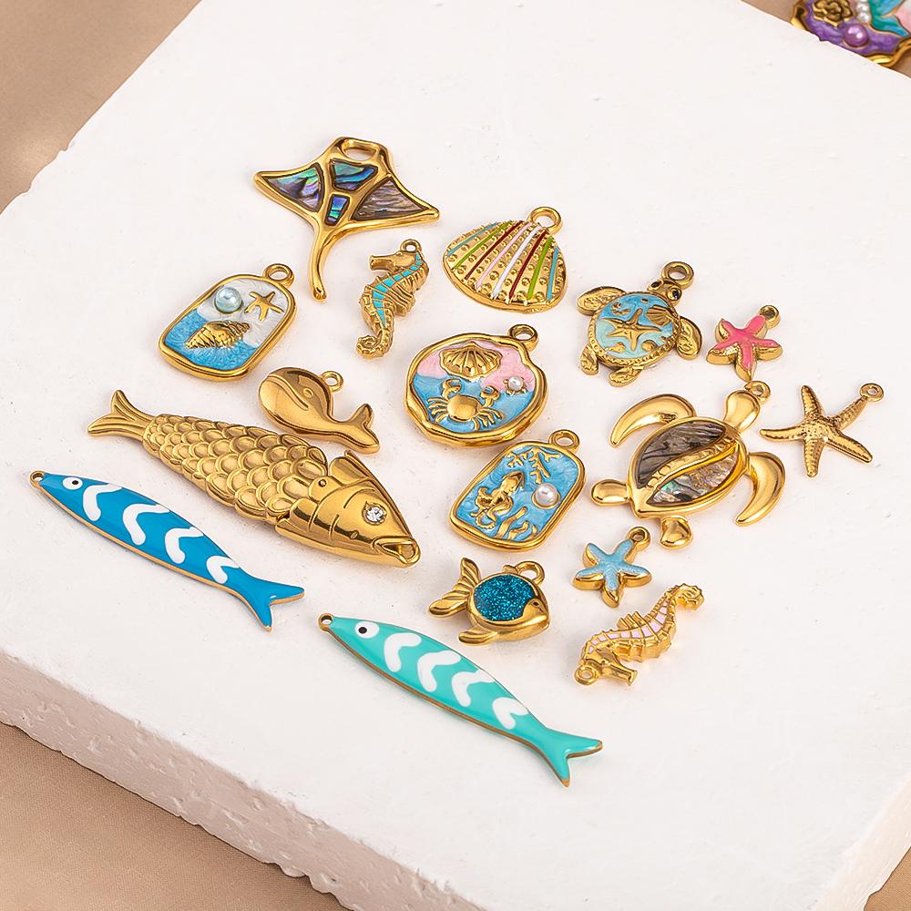 2pcs Stainless Steel Marine Animals Pendant Shell Turtle Starfish Demon Fish Necklace Earring Charm for Jewelry Making Supplies