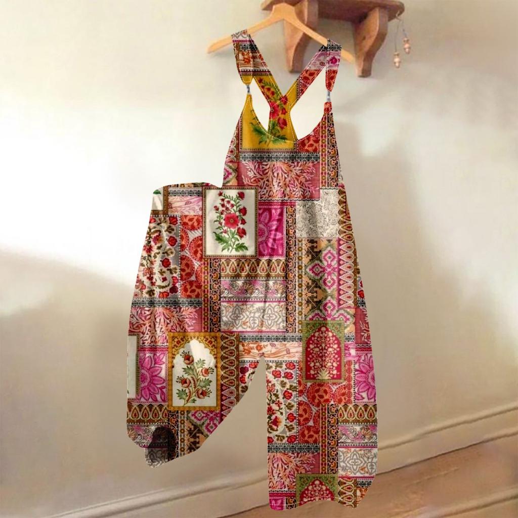 Damen Sommer Overalls Blumendruck Vintage Jumpsuit (Nicht verstellbare Träger)