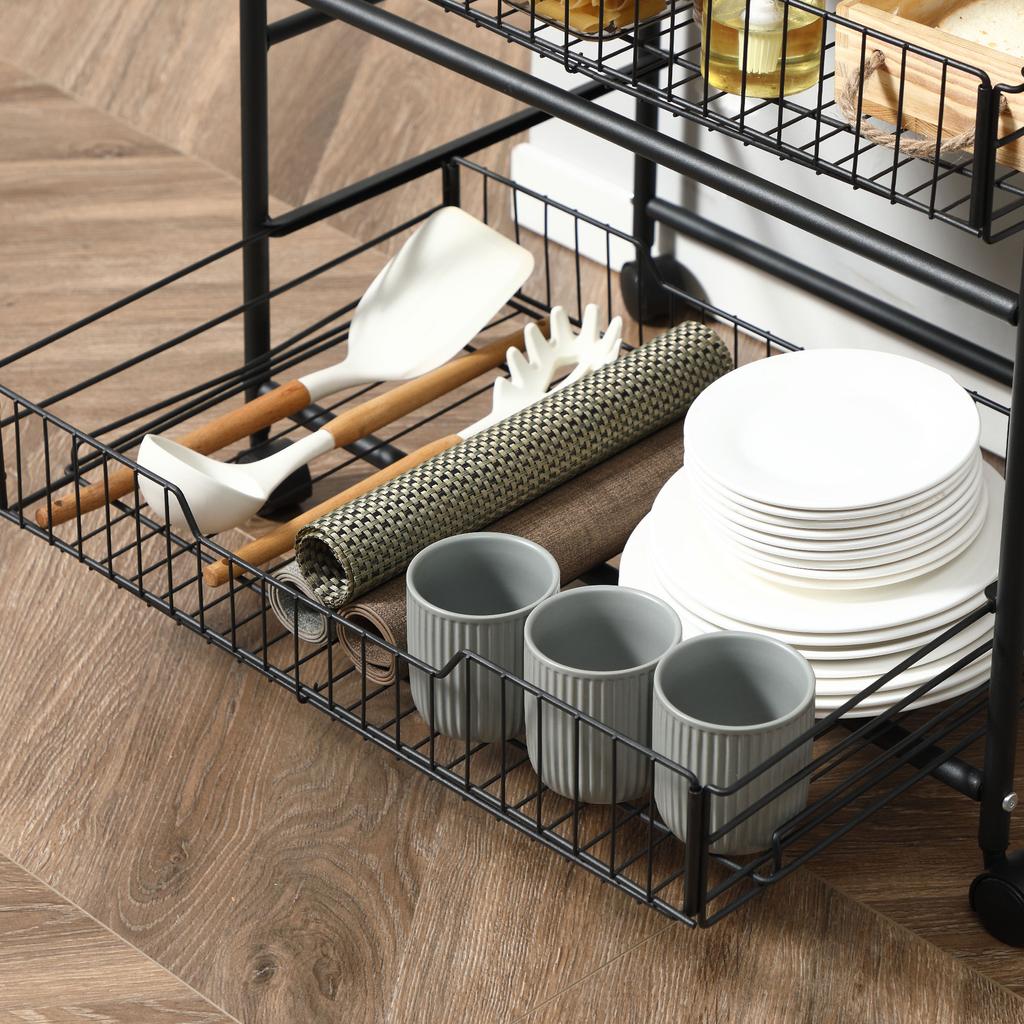 Kitchen Cart Industrial Style Food Carrier With 4 Wheels 2 Baskets And 4 Hooks 60x38x85.5cm Brown Black